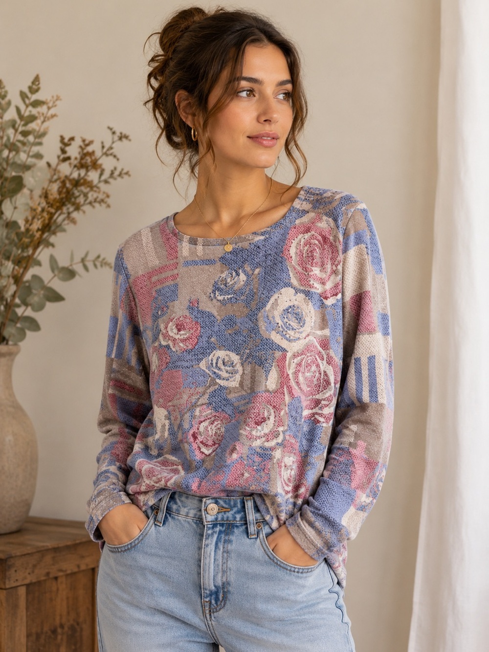 Alfred Dunner Floral Knit Top Pink Blue‎ Rose Print Long Sleeve